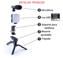 Cargar imagen en el visor de la galería, Set grabación móvil 3 en 1 (trípode + micro + luz)

